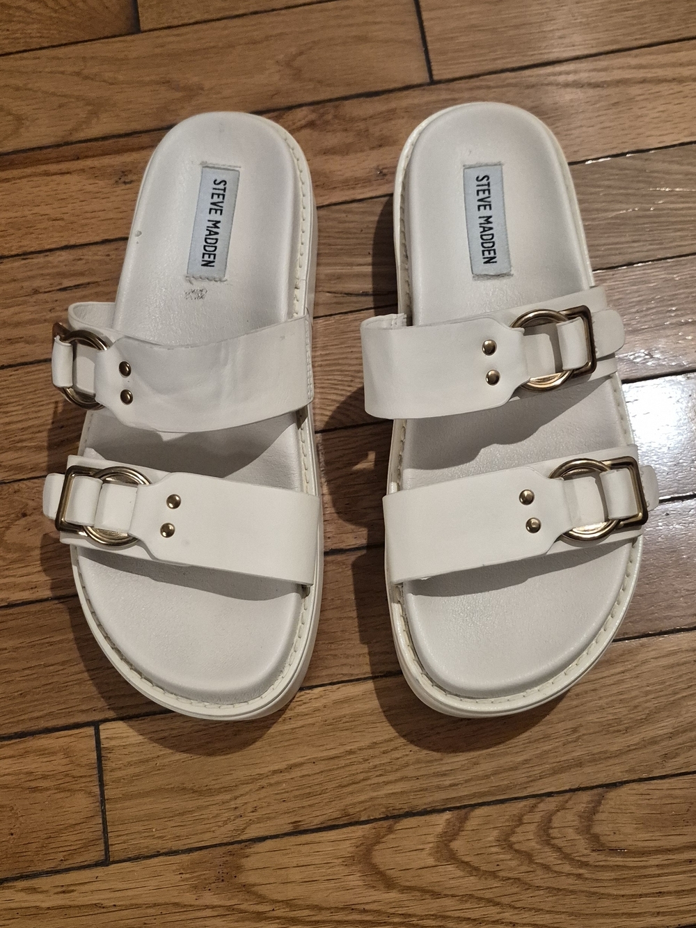Steve Madden White Double Buckle Slide Sandals